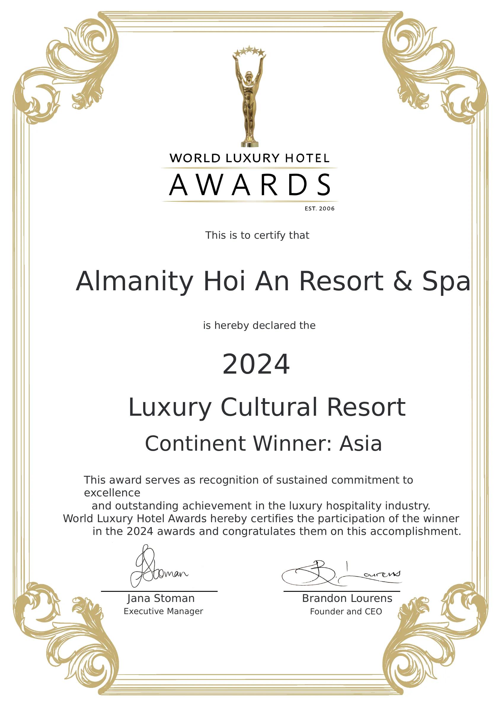 WLHA - Hotel Awards Certificate - Continent Winner - Luxury Cultural Resort