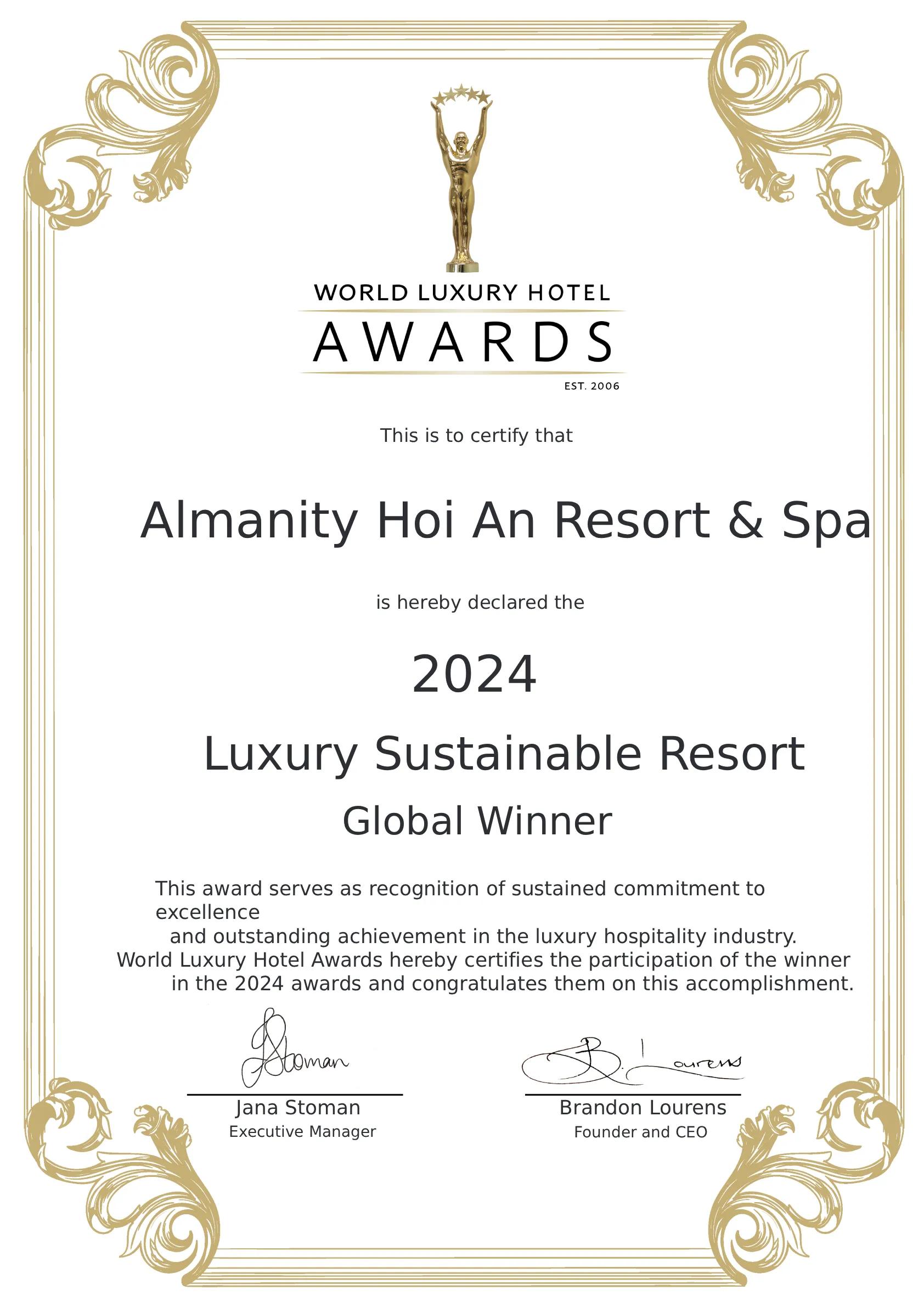 WLHA - Hotel Awards Certificate - Global Winner - Luxury Sustainable Resort