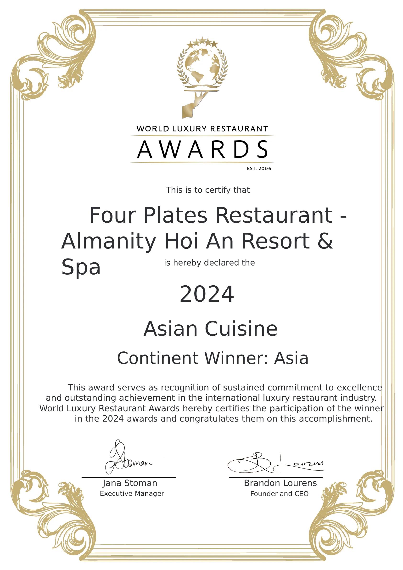 WLHA - Restaurant Awards Certificate - Continent Winner - Asian Cuisine