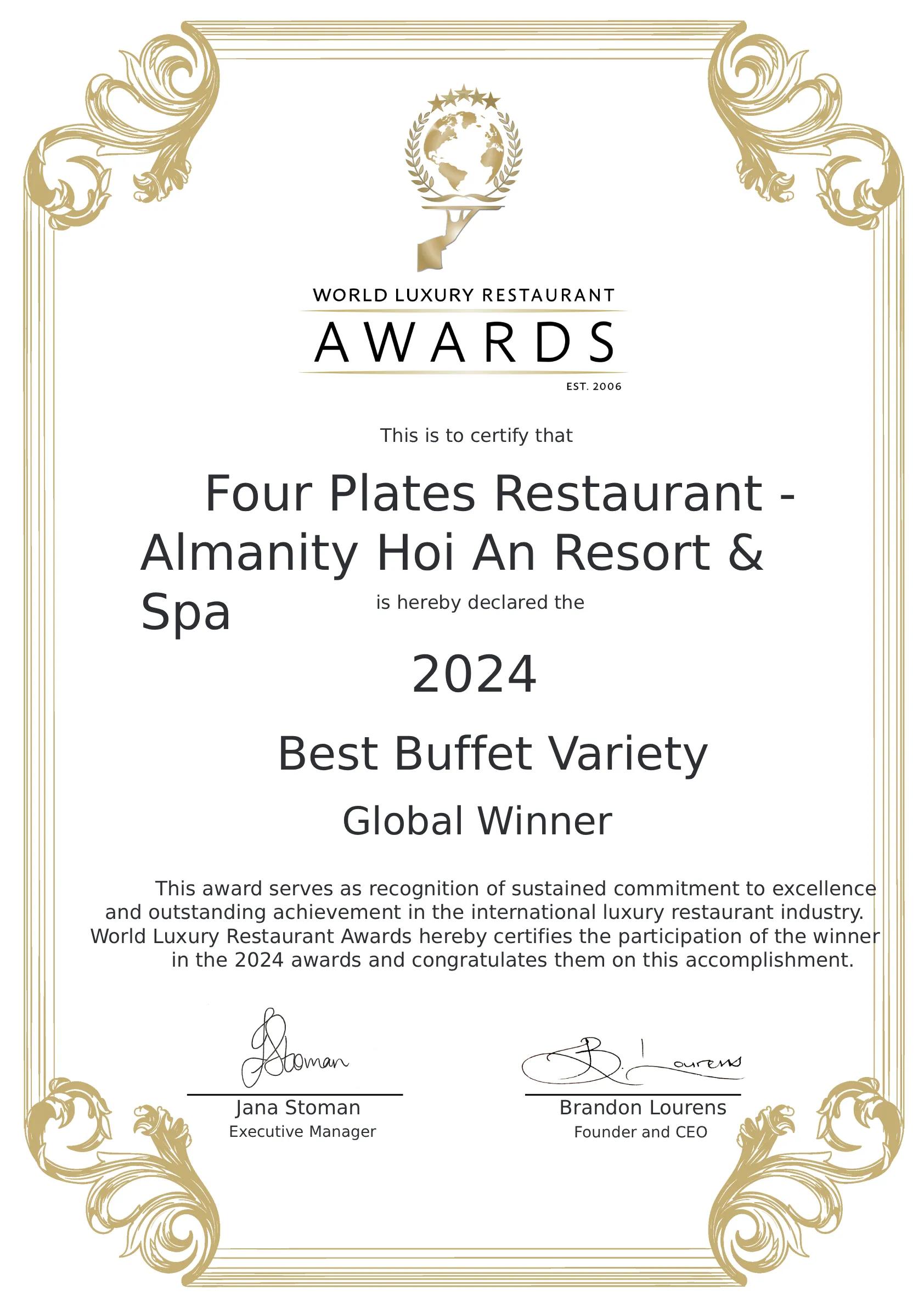 WLHA - Restaurant Awards Certificate - Global Winner - Best Buffet Variety