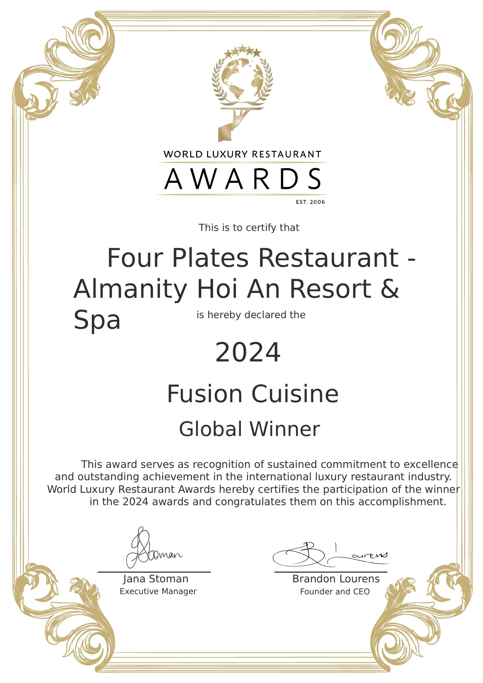 WLHA - Restaurant Awards Certificate - Global Winner - Fourplates - Fusion Cuisine