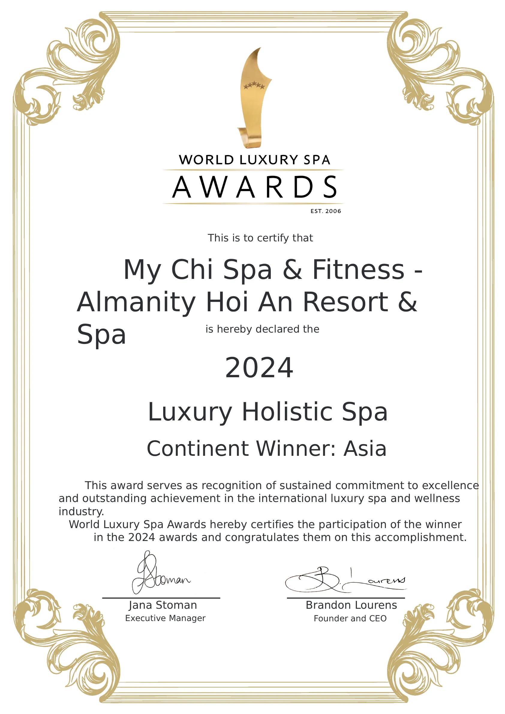 WLHA - Spa Awards Certificate - Continent Winner - Luxury Holistic Spa