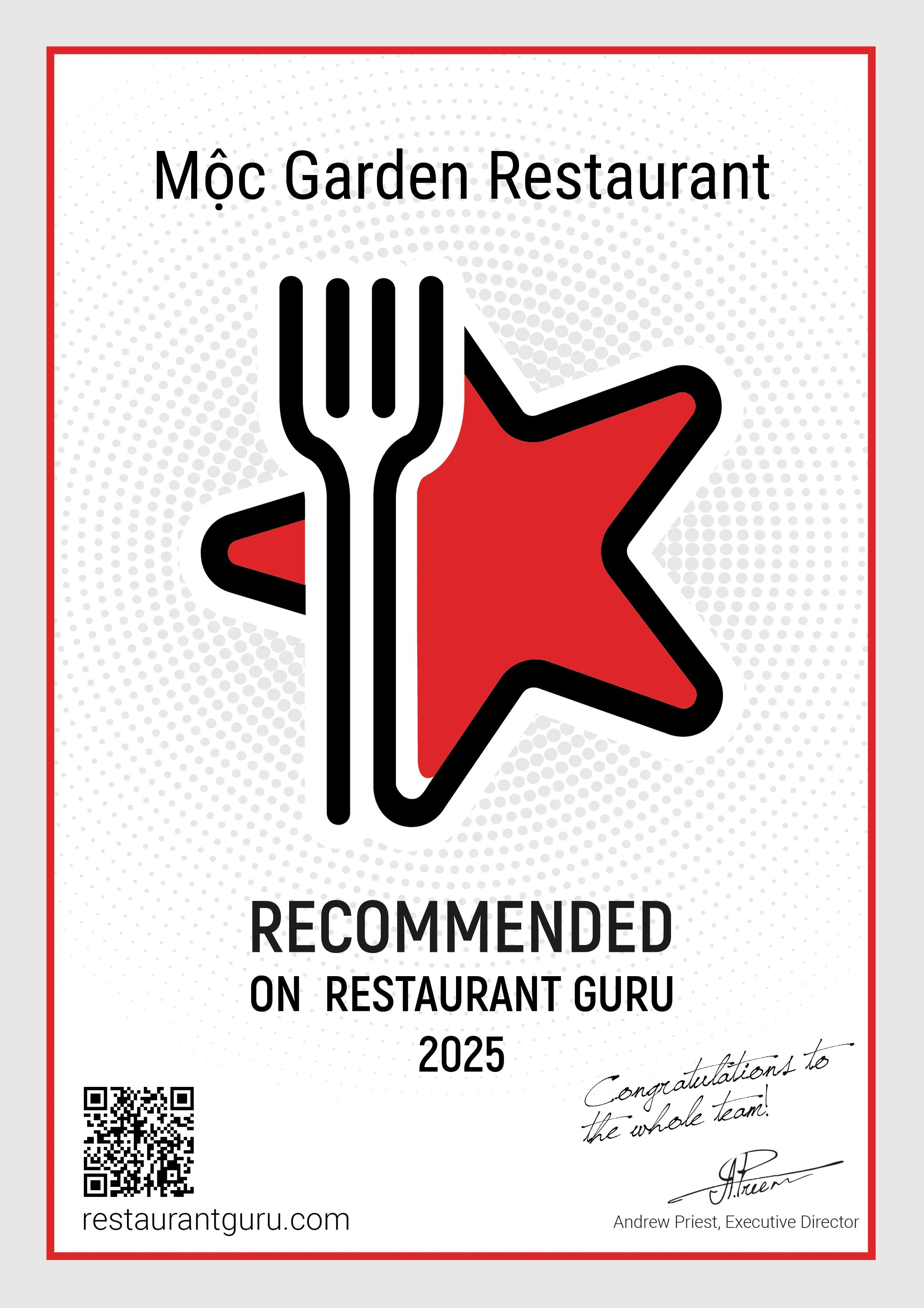 Guru Certificate For Mộc Garden Restaurant